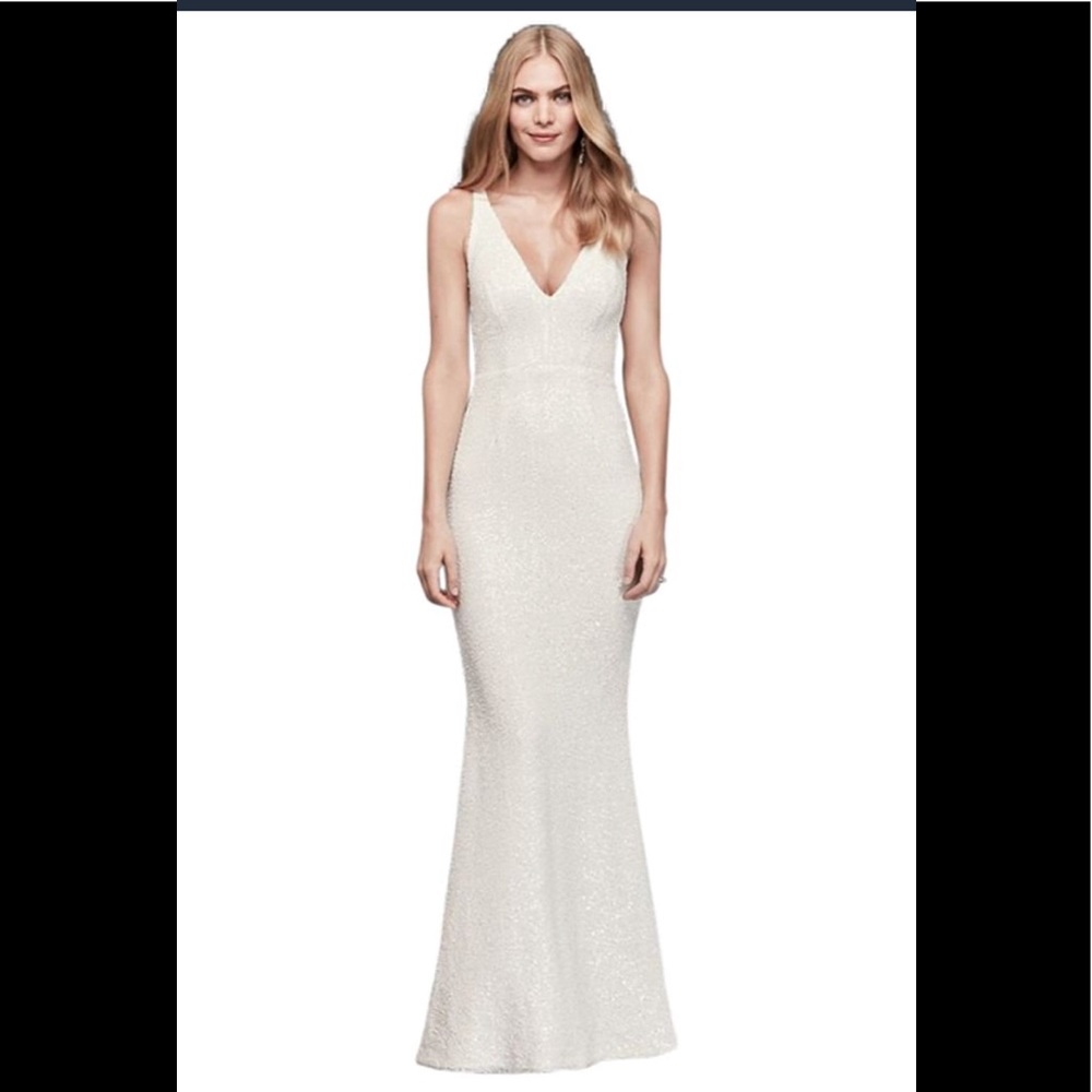 David's Bridal,Allover Sequined V-Neck Gown ivory